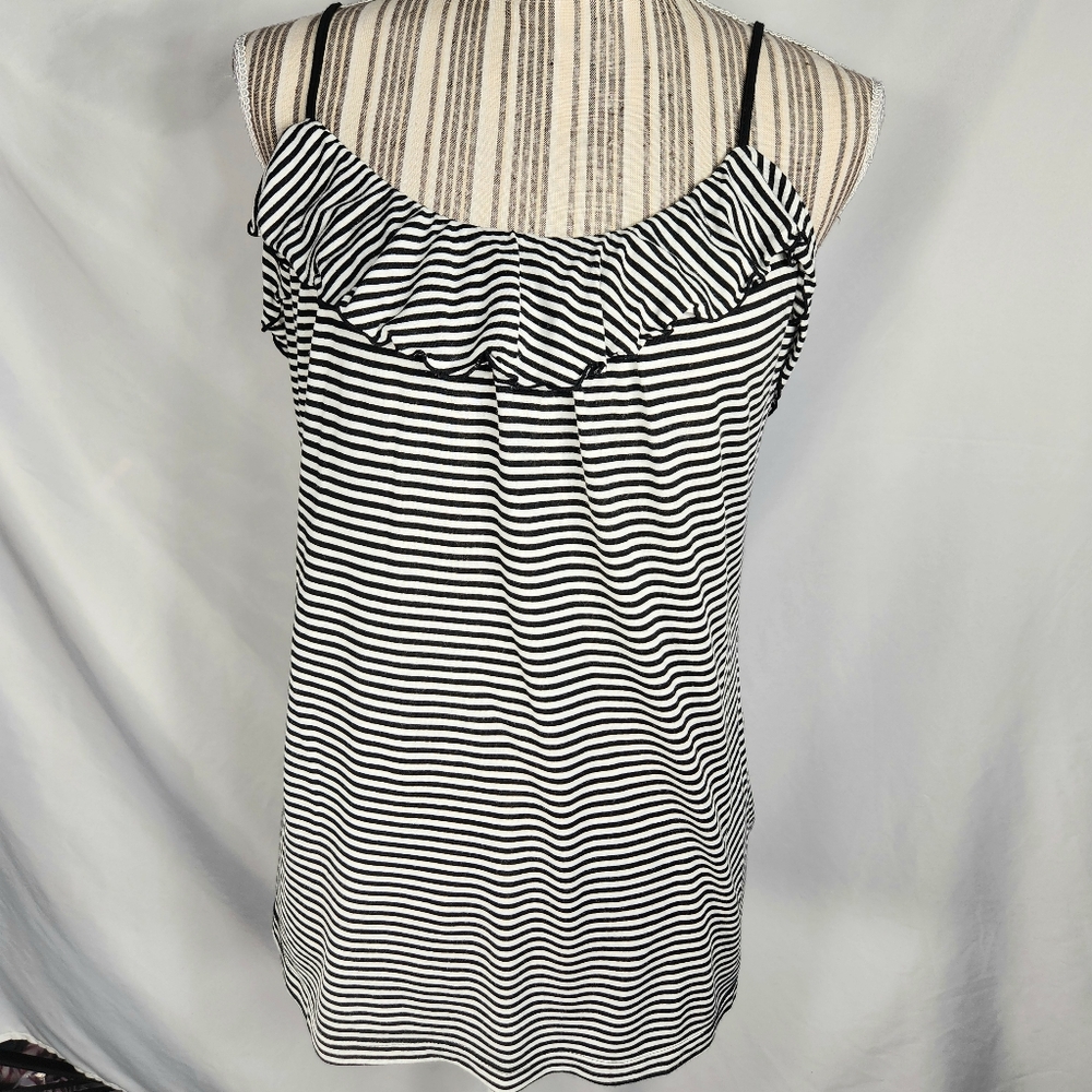 Ann Taylor LOFT Black White Stripe Ruffle Front Neck Spaghetti Strap Top Medium